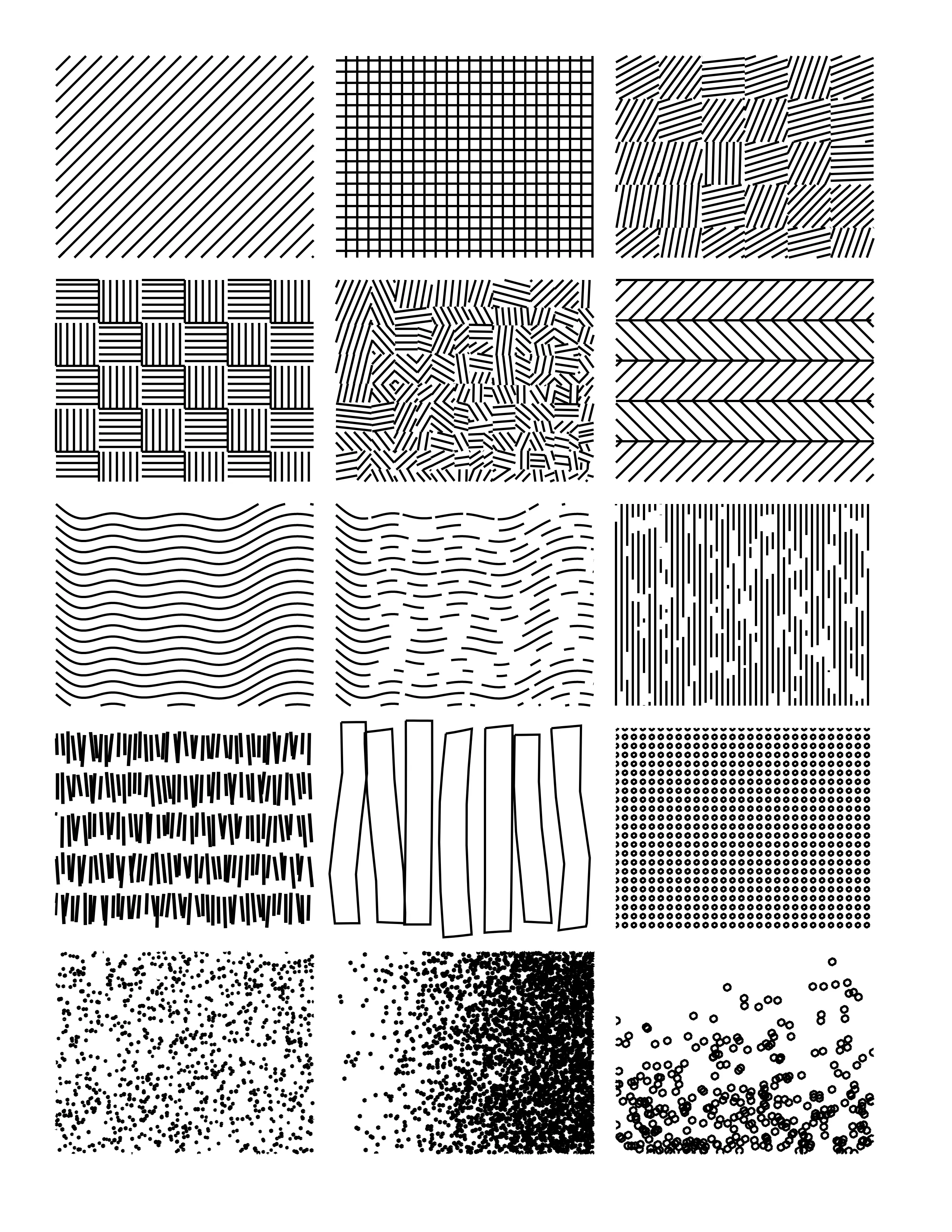 a grid of 3 columns, 4 rows, where each cell is shaded with something like vertical lines, a cross hatch, dots, squiggly lines, etc.