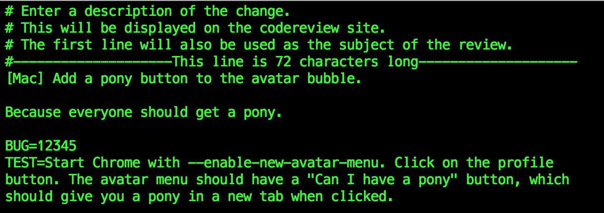 Sample CL description. It has a title which is less than 72 characters, a summary, a crbug id, and detailed testing instructions