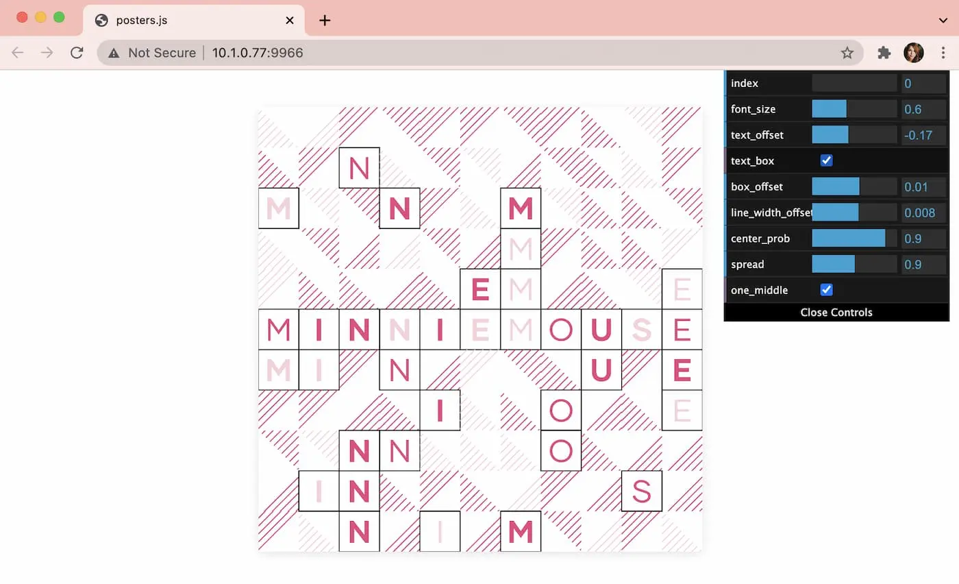 an image of a browser showing one of the randomly generated outputs (the one used in the final poster). to the right there is a control panel containing options such as font size, text offset, box offset, spread, draw text box, etc. the names don't make a ton of sense